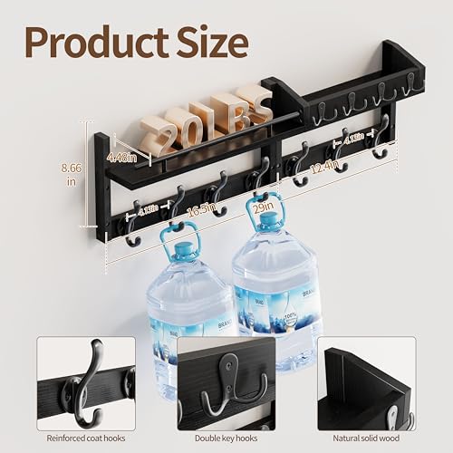 Image of 29 inch Coat Rack Wall Mount with Shelf, Heavy Duty Coat Hooks Wall Mount, Entryway Coat Hanger Wall Shelf with Key Holders and Mail Organizer for Living Room, Bedroom, Bathroom, Black