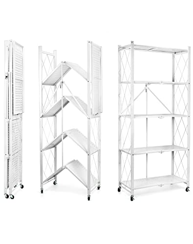 QWORK® Estantería de Cocina, estanterias almacenaje, Estantes Metálicos, Estantes De Almacenamiento, Plegables, No Requiere Instalación, Capacidad De Carga 240 Kg, Estantería de 5 Niveles, Blanco