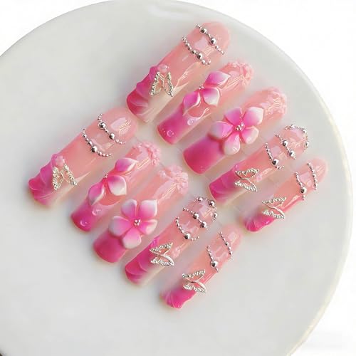 Gleamrain Pink Handmade Curve Press on Nails Long Square Shape M Size with Flower and French Tips Design for Women Use for Prom and Party or Vacation Holiday 10pcs Pattern 03