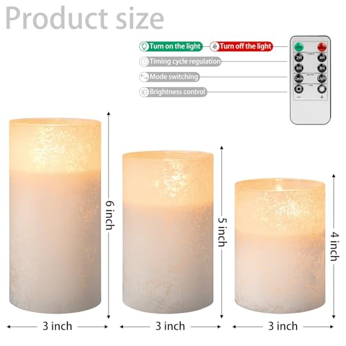 Image of White Glass Flameless Candles Remote Timer Wedding Decor Set of 3 | White Sandblasted Glass, Warm White LED Glow, Real Wax, 10 Key Remote, 2 4 6 8 Hour Timer, 3 Sizes