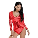  Freebily Femme Body Manches Longues Cuir Brillant Col Roulé Femme Moulant Justaucorps Wetlook Bodysuit Jumpsuit Combinaison pour Danse Gym Yoga Rouge Taille Unique