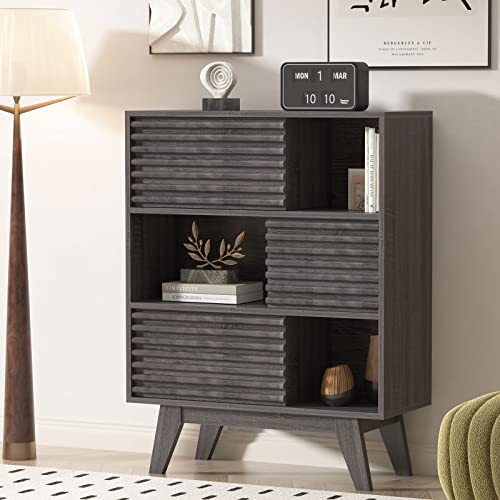 Sogespower Freestanding Storage Cabinet With Sliding Doors And Display Storage Shelves,3-Tier Sideboard Buffet Cabinet Bookcase For Home Office Living Room Bedroom,Mid Century Style,Grey #TOP2