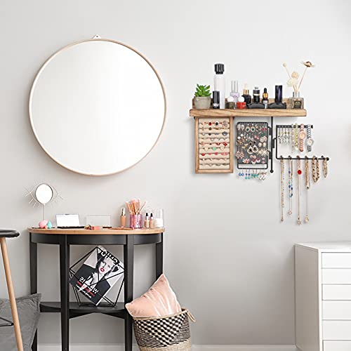 Solimintr Hanging Jewelry Organizer Wall Mount Jewelry Holder With Rustic Wood Shelf, Ring Display Box, Ear Studs Earring Holder, Rotating Necklace Holder Organizer #TOP3