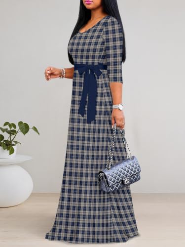 Image of Maxi Dress for Women with Sleeves, Empire Waist Dress | A-line shape, self-tie belt, side pockets and pull-on design; stretch fabric for church, work and casual wear