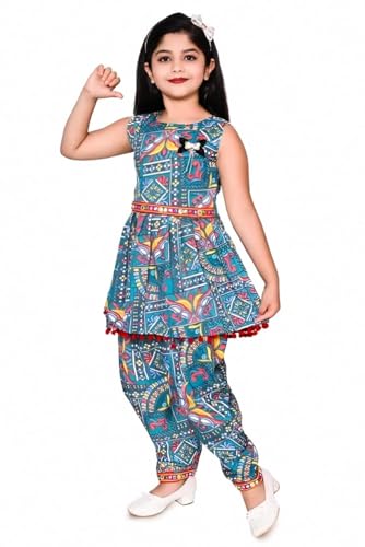 Image of Girls Ethnic Kurti and Dhoti Pant Set - Sleeveless Printed Outfit with Pom-Pom Hem | Dress for Kids