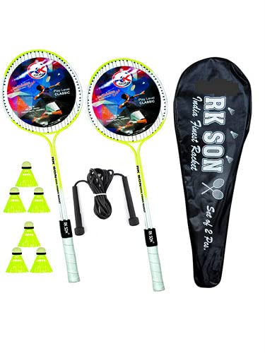 RK SON Stainless-Steel Badminton Racket with Nylon Shuttles with Full Cover and Pencil Rope (Neon) - Set of 2 Rackets, 6 Pieces Shuttles