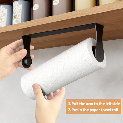 Image of Paper Towel Holder Under Cabinet, Stainless Steel, Wall Mount, Black Adhesive Paper Roll Holder for Kitchen and Bathroom