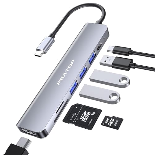 PEATOP 7 in 1 USB Hub 3.0 for Type-C Port, With 4K HDMI, TF/SD Card Reader, Compatible With All Type-C Devices, Laptop, iPad, iPhone, MacBook, PC (Aluminum Gray)
