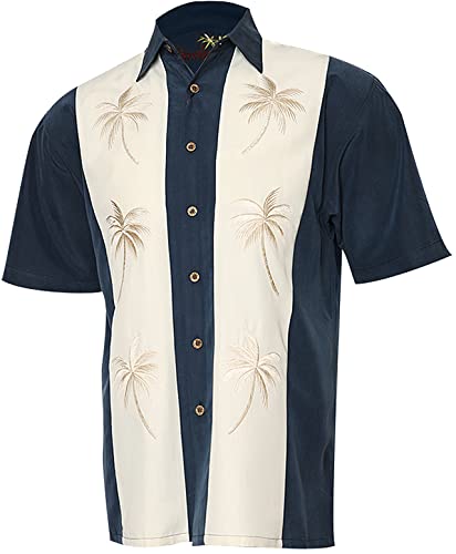 Bamboo CayMens Short Sleeve Pacific Paneled Palms Casual Embroidered Woven Shirt