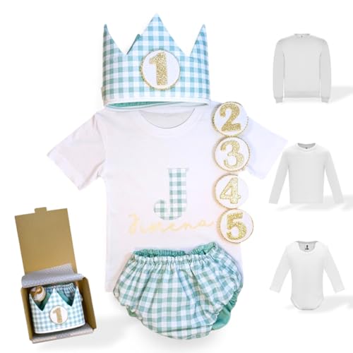 Conjunto de Aniversário Personalizado 1 Ano - T-shirt com Nome para Bebé - Presente de Primeiro Aniversário - Smash Cake - Coroa de Aniversário (Vichy Rosa) (Mint)