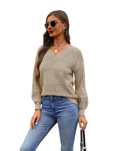 MixShe Womens Knit Sweaters 2025 Fall V Neck Long Sleeve Pullover Casual Loose Tops3
