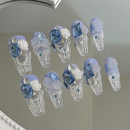 ネイルチップ 黒 手作りネイルチップネイルチップ ネイルシールかわいいピンクつけ爪入学式 卒業式 韓国 成人式 結婚式ネイルチップ3Dラインストーンキャッツアイ 10枚入おしゃれ (青860, S)