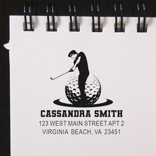 Image of Golf Swing Silhouette Pre-Inked Rubber Stamp - Envelope Address Stamp | Golf Address Stamp. Pre Inked Return Stamp. Choice of 5 ink colors. Your name and address. Refillable reservoir.