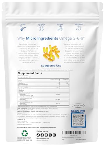 Image of Ultra Omega 3-6-9 3600mg Per Serving, 300 Burpless Softgels | Lemon Flavor - Blend of Fish, Flaxseed, Borage Oils | Bioavailable Source, Non-GMO, No Gluten, Mercury Free