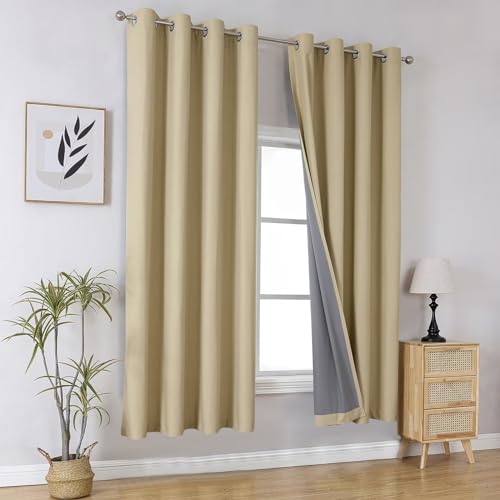 Image of Joydeco Beige Blackout Curtains 72 Inches Long, Short Blackout Curtains 2 Panels Sets for Bedroom Living Room, Room Darkening Drapes 72 Inches Long Solid Drapes for Windows with Grommets