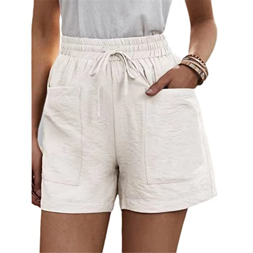 Short d'été en coton et lin femme taille haute grande poche blanc L