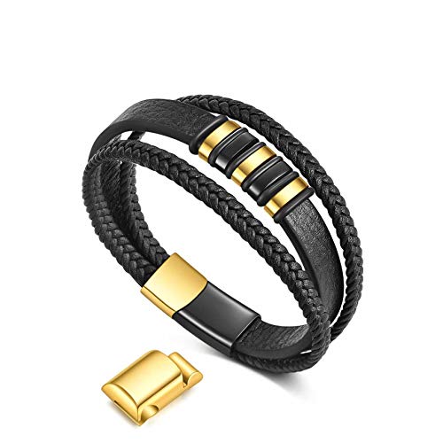 VQYSKO Hombres Piel Genuina Bracelet -Vintage Casual Leather Braided Male Bracelet , With Golden Stainless Steel Magnetic Clasp Personality Men Bracelet(dorado, M) Cover