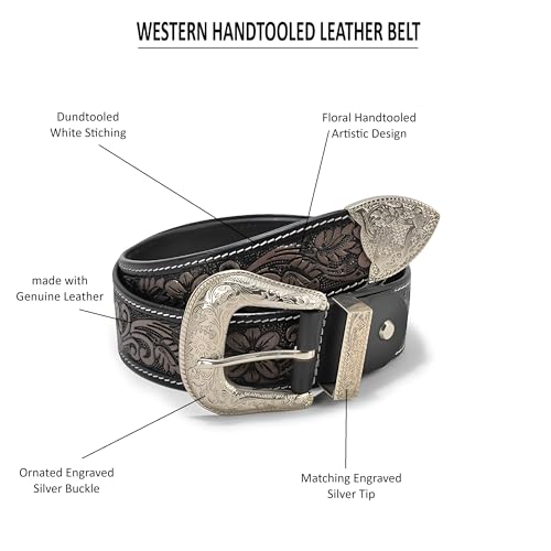 Image of Western Leather Belt for Men & Women, Floral Embossed Cowhide, Durable Rodeo Style for Jeans, Casual Wear & Country Outfits