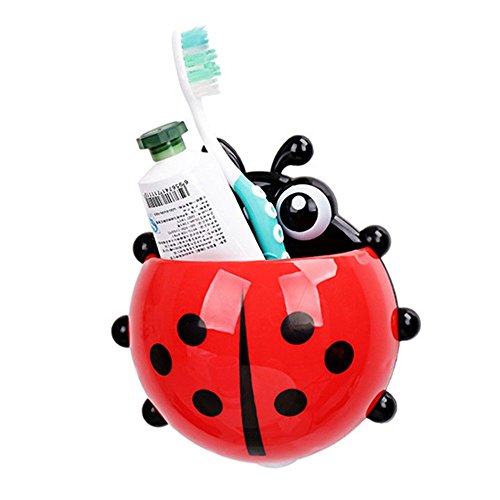 FunnyToday365 Ladybug Toothbrush Holder Toiletries Toothpaste Holder Bathroom Sets Suction Hooks Tooth Brush Container Ladybird On