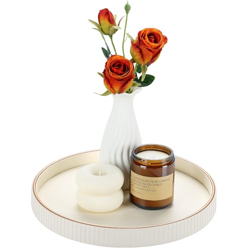 GORESE Bandejas para Servir,Bandejas Decorativas Redonda Cuero Bandeja Cocina Bandeja para Café Bandeja de Mesa de Centro, Organizador de Valet Tablet para Cocina,Salón,Dormitorio,Baño(Blanco Marfil)