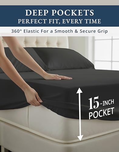 Image of LANE LINEN Cooling Sheets Twin 100% Egyptian Cotton Sateen - Black | Cotton Twin Sheet Set - 3-Piece Set, Ideal For Dorms And Guest Beds, Long-Staple Egyptian Cotton, Luxe Sheen, Plush