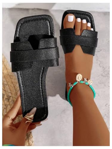 OYOANGLE Women's PU Leather Dressy Flat Sandals Square Open Toe Slip on Summer Slide Shoes2