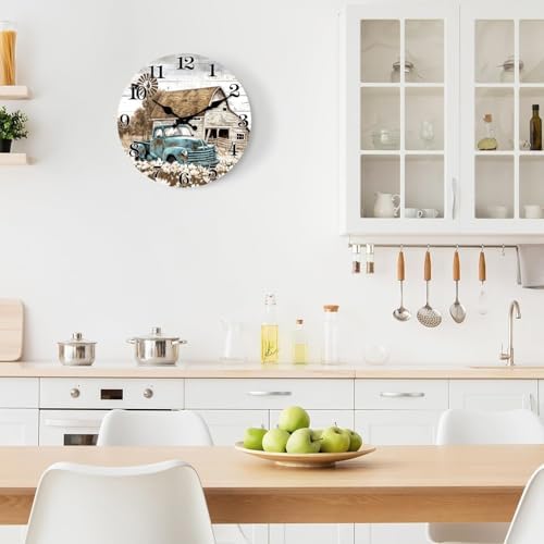 RONGKEJIAJU Farmhouse Barn Wall Clock Battery Operated 10 Inch Blue Truck - 1