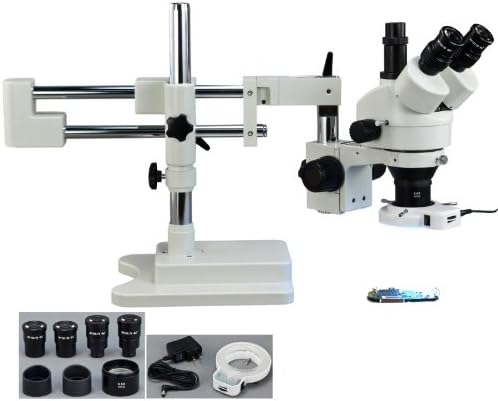 OMAX 3.5X-90X Zoom Trinocular Dual-Bar Boom Stand Stereo Microscope with 144 LED Ring Light
