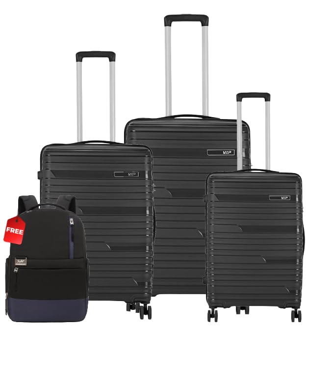 matrix hard shell trolley luggage, 8 wheels, pp material with flushed combi lock, with backpack, anti-theft zip with 5 years international warranty (set of 3 - cabin, medium, large)