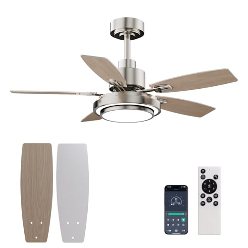 Ceiling Fans with Lights and Remote Control, 42 Inch Flush Mount Ceiling Fan with Quiet Reversible DC Motor, Dimmable LED Lighting, 6 Speeds, Timer, Nickel Ceiling Fan for Bedroom Living Room