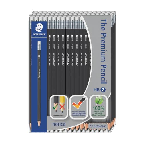 Crayons en bois Staedtler Norica HB haut de gamme avec gomme intégrée boîte de 72