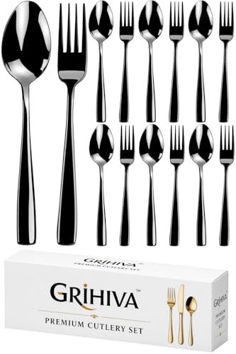 Image of 12-Pcs. Black Cutlery Set - Modern Stainless Steel Flatware Service for 6 with 6 Dinner Spoons & 6 Dinner Forks - Titanium PVD Coated Mirror Finish - Dishwasher Safe Black Silverware