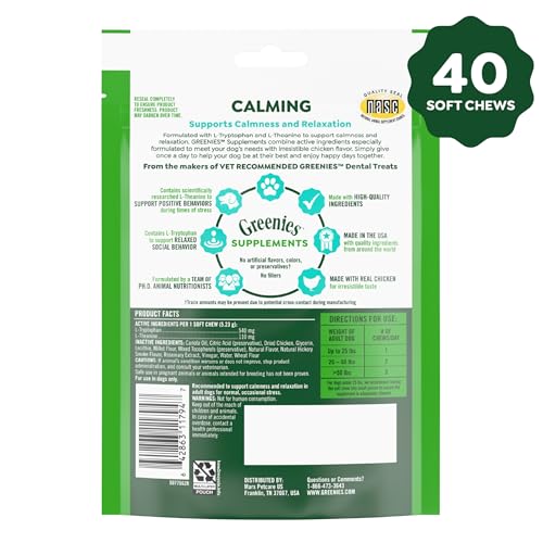 Greenies Supplements Calming Chews for Dogs Chicken Flavor, Dog Calming Chews, 7.3 oz. Container of 40 Count