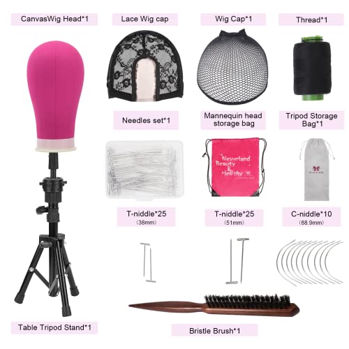 23 Inch Canvas Wig Head,Wig Stand Tripod With Head,Mannequin Head With Stand For Wigs Making Display With T Pins Set Bristle Brush(Rosy) #TOP3