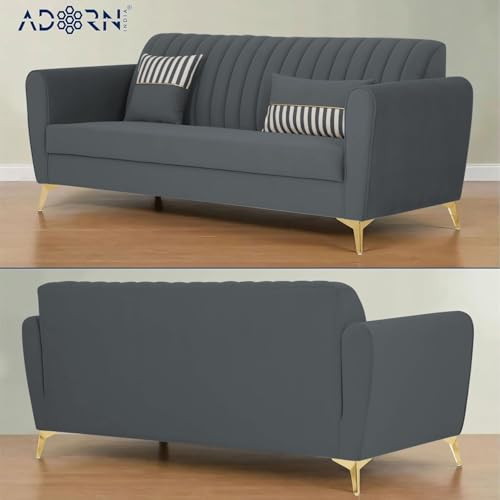 Image of Adorn India Premium Luster 3-1-1 Sofa Set | Velvet Suede Fabric | 3-Year Warranty | Color Dark Grey with Golden Legs & Striped Pattern Cushion