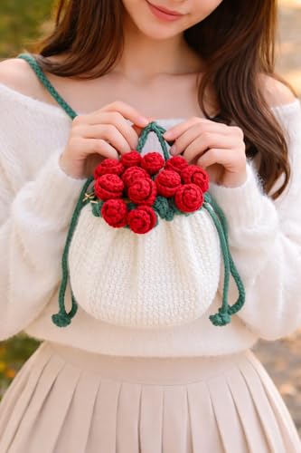 Image of RHC Handmade Crochet Bucket Bag with 3D Red Rose Floral Embellishment, White, Medium, Women's Crossbody Handbag 18x18