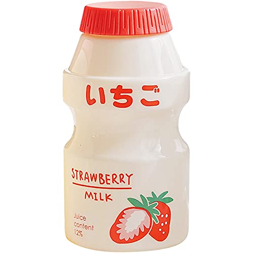 Send matching straps480ml Plastic Water Bottle Tour Drinking Bottle Yakult Shape Cute Kawaii Milk Carton Shaker Bottle for Kids Girl Glass(Strawberry White)