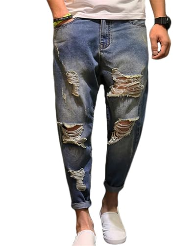 Mens Jeans Casual Regular Fit Tapered Leg Distressed Jeans Pants Jogger Cargo Pants Carrot Denim Jeans