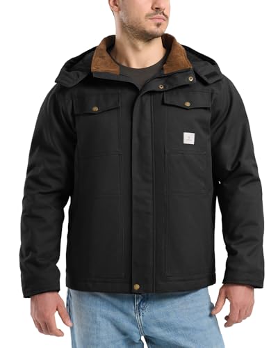 HISEA Winter Work Jackets for Men, Water Resistant Hooded Duck Canvas Coat, Relaxed Fit Insulated Utility Jacket with Pockets