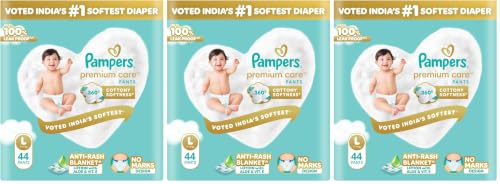 Image of Pampers Premium Care Pant Style Baby Diapers L 44 Count | No Marks Design | Voted India's #1 Softest Diaper | All in 1 diaper with 360 Cottony Softness (Pack of 3)