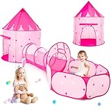 3pc Kids Play Tents for Girls with Ball Pit, Play Tunnel, Princess Tent for Kids, Toddler Pop Up Crawling Toys for Girl, Playhouse for Indoor Outdoor (Pink Stars)