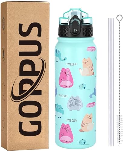 GOPPUS 600ml/20oz Stainless Water Bottle with Straw Double Wall Insulated Bottles with Strap One Hand Open Vacuum Thermal Flask Leakproof Keep Cold Bottles with Flip Top Lid BPA Free (Green Cat)