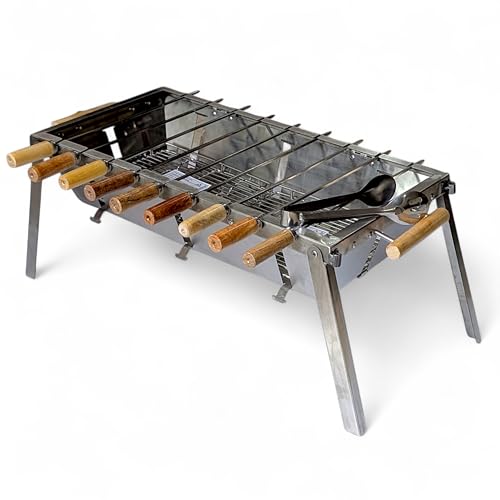 Image of Compact Portable Foldable Stainless Steel Charcoal Barbeque BBQ Grill Set with Extendable Legs, Skewers, Tongs, Bag, Charcoal Tray + Top Cooking Grate For Home Outdoor Garden (KL-GRX03G)