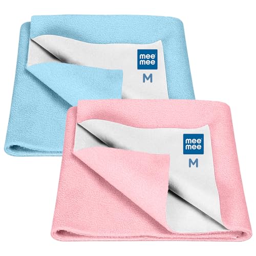 Image of Mee Mee Reusable Water Proof Cotton Bed Protector Sheet /Extra Absorbent Mat /Dry Sheets /Urine Sheet /Dry Mat Pack of 2 (70CmX100Cm) (Medium, Blue & Pink)