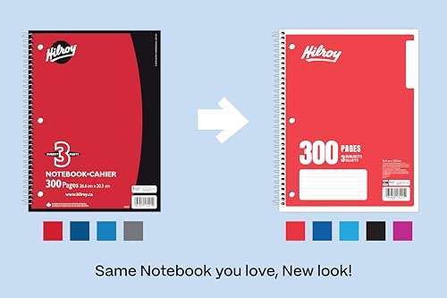 Hilroy 3-Subject Coil Notebook, 8" x 10.5", Wide Ruled, 3-Hole Punched, 300 Pages/150 Sheets, 1 Notebook, Colour May Vary (13225) image 7