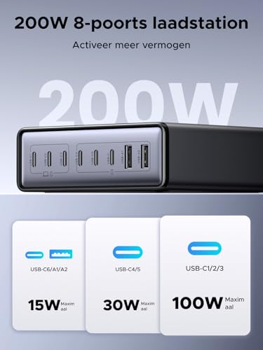 UGREEN USB C Charger 200W GaN Power Adapter 8-Port Desktop Charging Station PD snellader 100W oplader meerdere ondersteunt PPS compatibel met MacBook Pro/Air M4, iPhone-serie, Galaxy-serie, enz. - Afbeelding 3