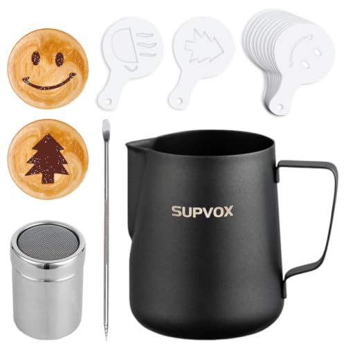 Image of Supvox Barista Latte Art Kit with 600ml Steel Milk Frothing Pitcher, Coffee Frother Mug, Art Pen, Powder Shaker & 16 Pattern Stencils Premium Coffee Accessories Set