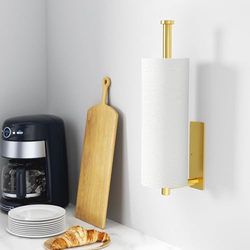 Image of Paper Towel Holder - Self-Adhesive or Drilling, Gold, Wall Mounted, SUS304 Stainless Steel Kitchen Roll Dispenser Under Cabinet