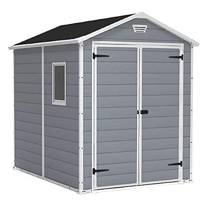 Keter Manor 6x8 Ft All-Weather Heavy-Duty Resin Outdoor Storage Shed with Double Lockable Doors, Floor Panel, & Built-in Ventilation, Light Grey