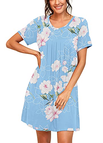 PrinStory Womens Sleepwear Short Sleeve Nightgown Soft Sleepshirt Pleated Nightshirt Scoopneck Casual Loungewear2